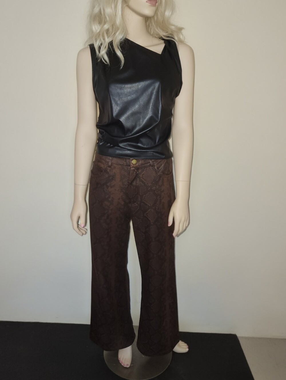 12th tribe faux leather brown and black snake print pants. Size M Wide Leg